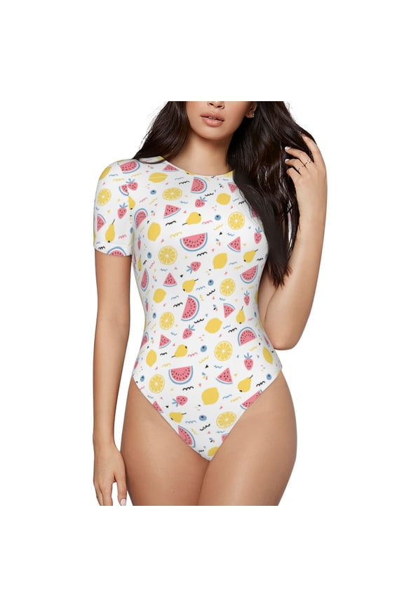 Tropical Fruit Prinr Short Sleeve Body suit for Womens, Sexy Onesie One Piece Round Neck Bodysuit Shapewear Tummy Control-Large