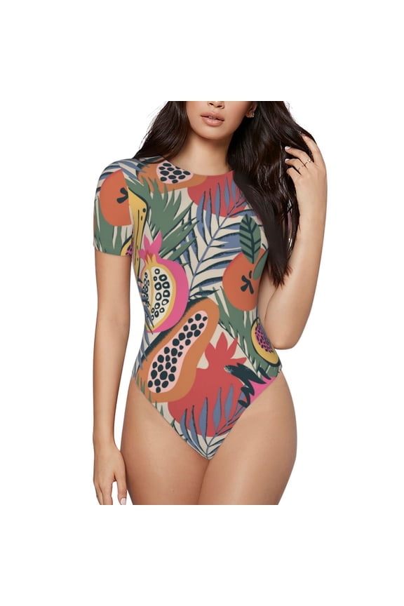 Tropical Fruit Prinr Short Sleeve Body suit for Womens, Sexy Onesie One Piece Round Neck Bodysuit Shapewear Tummy Control-Medium