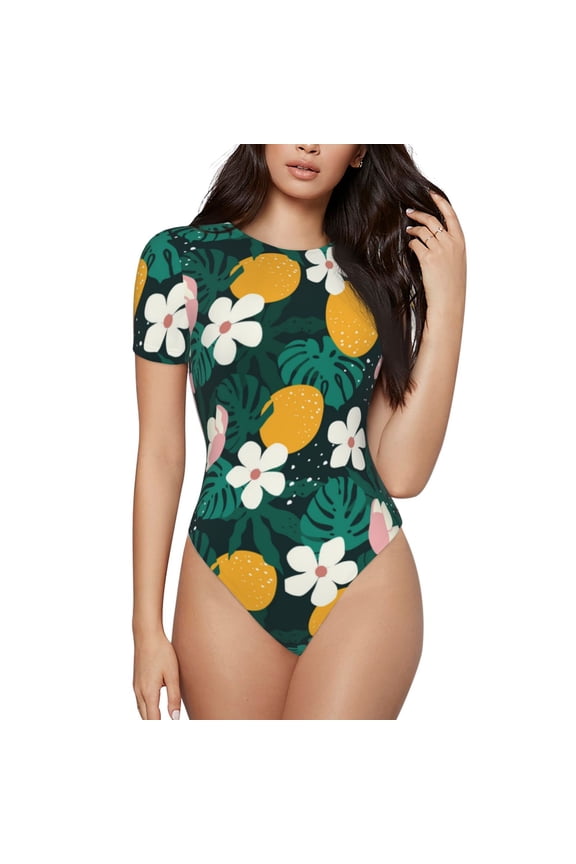 Tropical Fruit Prinr Short Sleeve Body suit for Womens, Sexy Onesie One Piece Round Neck Bodysuit Shapewear Tummy Control-XX-Large