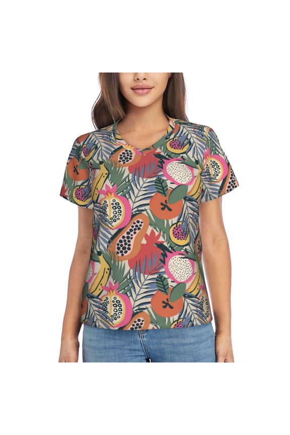 Tropical Fruit Women Shirts V Neck Short Sleeve Tops T-Shirt Basic Tees, S to 3XLSmall