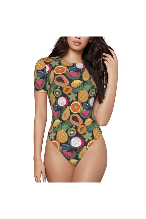 Tropical Fruits Prinr Short Sleeve Body suit for Womens, Sexy Onesie One Piece Round Neck Bodysuit Shapewear Tummy Control-Medium