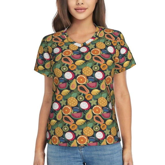 Vsdgher Tropical Fruits Women Shirts V Neck Short Sleeve Tops T-Shirt Basic Tees, S to 3XLX-Large