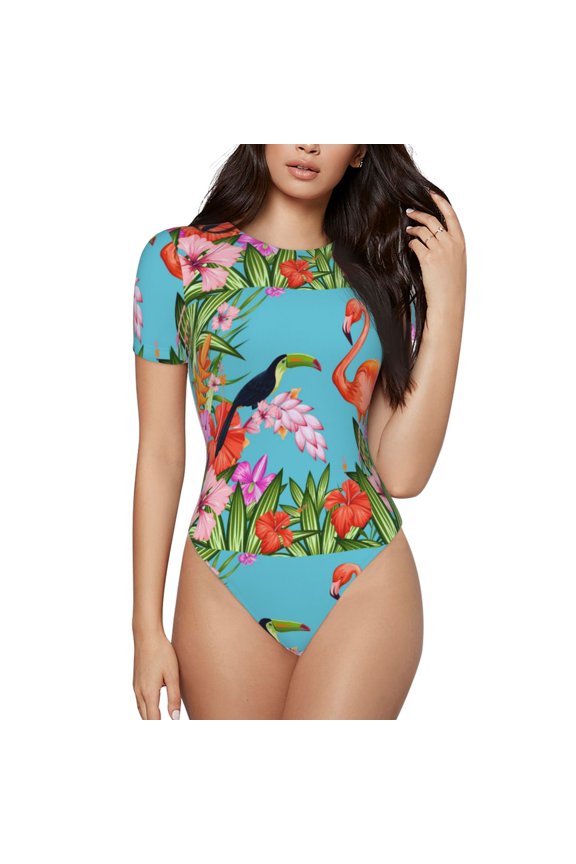 Tropical Jungle Flamingo Prinr Short Sleeve Body suit for Womens, Sexy Onesie One Piece Round Neck Bodysuit Shapewear Tummy Control-Large