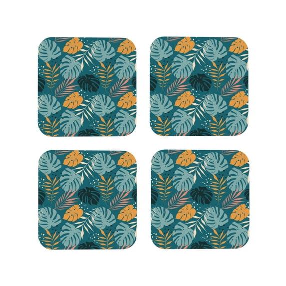 Vsdgher Tropical Leaves Leather Coasters for Drinks, Durable Drink Coasters 4 Set for Tabletop Protection, Luxurious Home Décor and Housewarming Gift ( {designName})Square