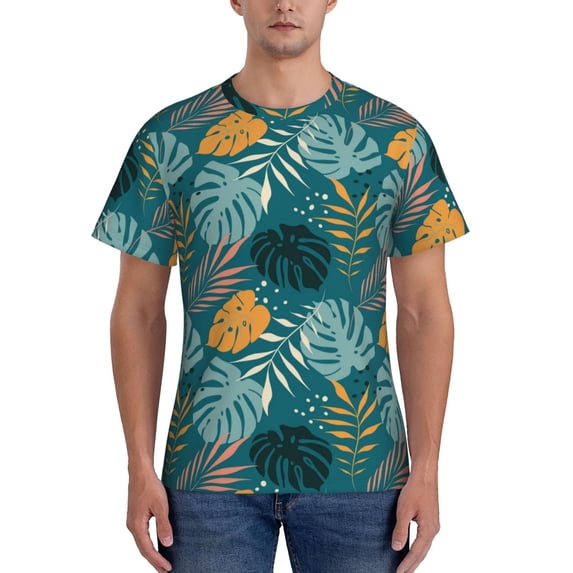 Vsdgher Tropical Leaves Print Men's Dry Fit Mesh Athletic Shirts Moisture Wicking Tennis T-Shirt Tops