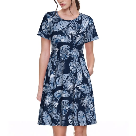 Vsdgher Tropical Leaves for Womens Summer 2025 Casual Midi Maxi Dresses Lightweight Short Sleeve Round Neck Beach Dress -XX-Large