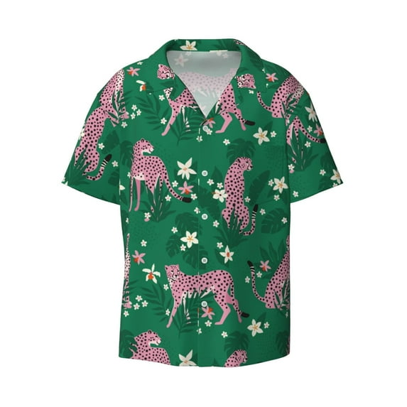 Vsdgher Tropical Leopard Print Men's Wrinkle Free Untucked Cuban Shirt Business Casual Button Down Shirts Short Sleeve Shirt