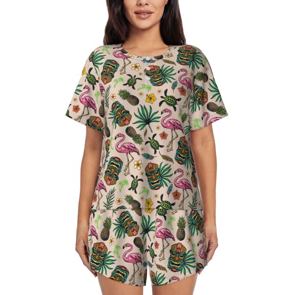 Vsdgher Tropical Mask Flamingo Pattern Womens Pajamas 2 Piece Short Sleeve Sleepwear Set,Summer Soft Pajamas Set Casual Lounge Sets, 2-Piece Pj -3X-Large