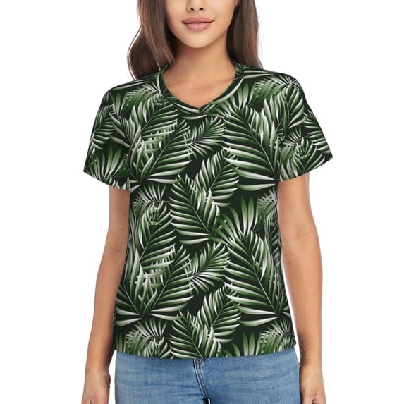 Vsdgher Tropical Palm Leaves1 Women Shirts V Neck Short Sleeve Tops T-Shirt Basic Tees, S to 3XLXX-Large