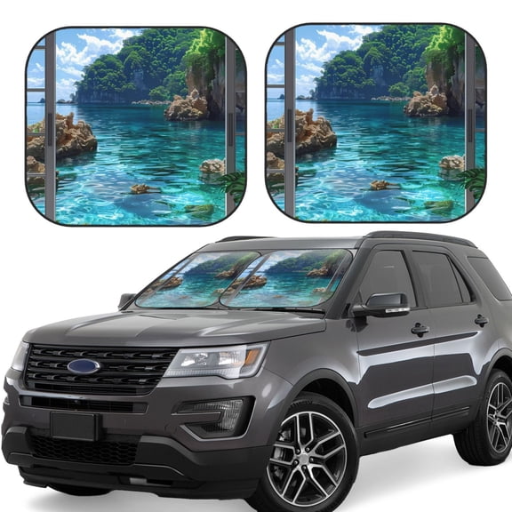 Vsdgher Tropical Paradise Window View Print Car Windshield Sun Shade, Reflective Sunshade Window Sunshade Sun Visor Protector Fit for Cars,Trucks,SUVs-Medium