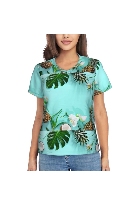 Tropical Pineapple Women Shirts V Neck Short Sleeve Tops T-Shirt Basic Tees, S to 3XLLarge