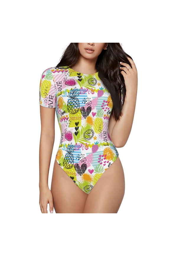 Tropical Pineapples Prinr Short Sleeve Body suit for Womens, Sexy Onesie One Piece Round Neck Bodysuit Shapewear Tummy Control-Medium