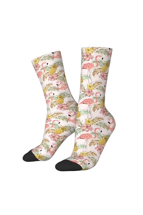 Tropical Pink Flamingo Pineapple Crew Socks for Men & Women, Breathable Casual Athletic Ankle Socks