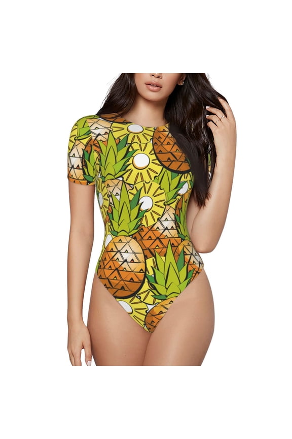 Tropical Summer Fruit Prinr Short Sleeve Body suit for Womens, Sexy Onesie One Piece Round Neck Bodysuit Shapewear Tummy Control-Medium