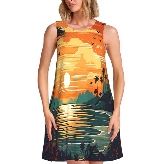 Vsdgher Tropical Sunset Paradise Print Summer Dresses for Women Casual U Neck Beach Dress Sleeveless Tank Loose Sundress with Pocket -Large