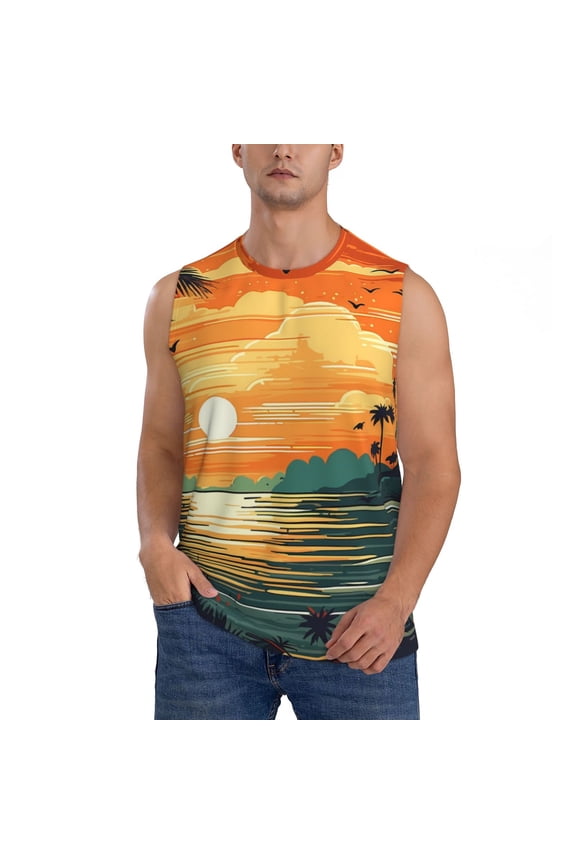 Tropical Sunset Paradise Print Workout Tank Tops Gym Sleeveless Fitness Muscle Tee -X-Large