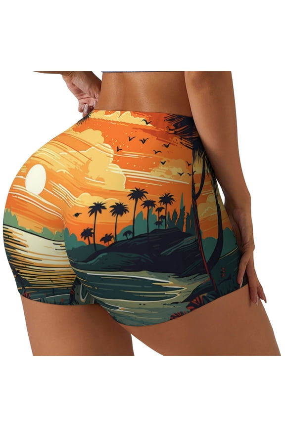 Tropical Sunset Paradise Workout Shorts for Women Seamless Soft Smooth Gym Yoga Scrunch Active Exercise Fitness Shorts-Large
