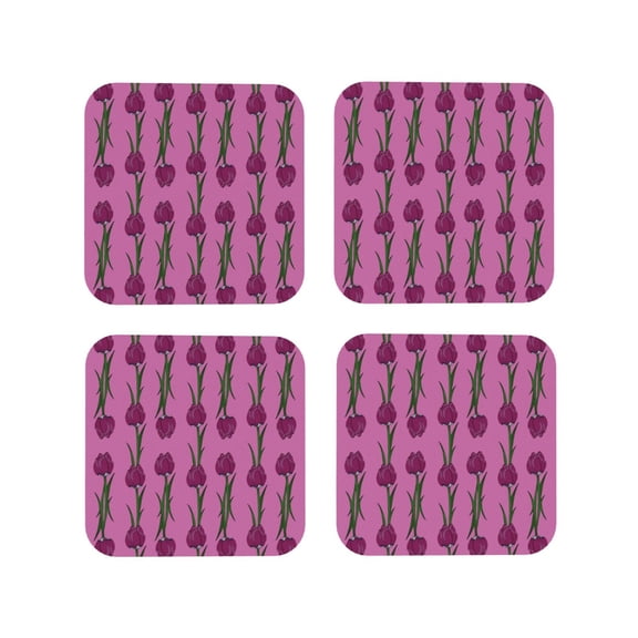 Vsdgher Tulips Flowers Leather Coasters for Drinks, Durable Drink Coasters 4 Set for Tabletop Protection, Luxurious Home Décor and Housewarming Gift ( {designName})Square