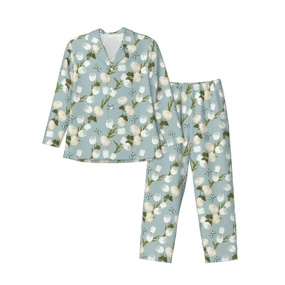 Vsdgher Tulips Flowers Mens Pajama Set, Soft Warm Long Sleeve Sleepwear, Cozy Button-Down Pjs for Men-X-Large