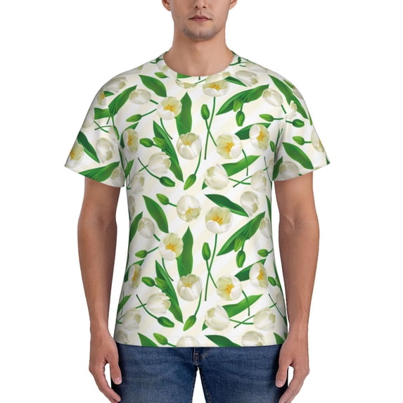 Vsdgher Tulips Flowers Print Men's Dry Fit Mesh Athletic Shirts Moisture Wicking Tennis T-Shirt Tops