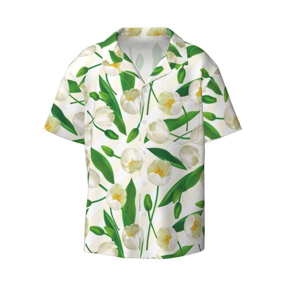 Vsdgher Tulips Flowers Print Men's Wrinkle Free Untucked Cuban Shirt Business Casual Button Down Shirts Short Sleeve Shirt