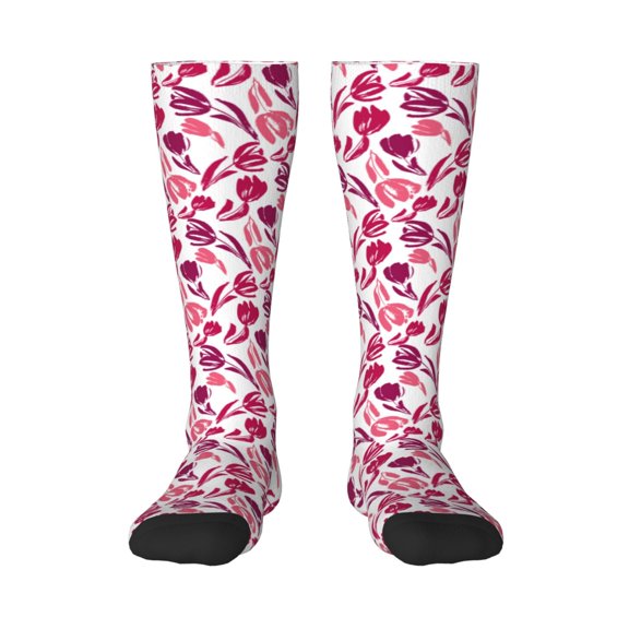 Vsdgher Tulips Flowers Print Thigh High Socks Extra Long Stretchy Sock Women Over Knee High Opaque Stocking Daily Wear