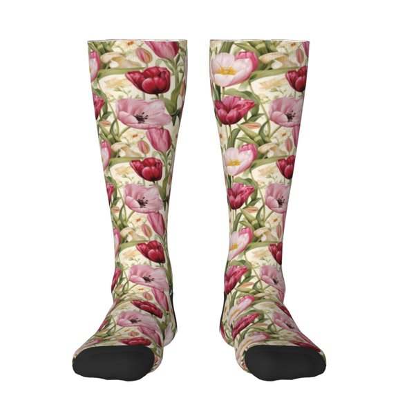 Vsdgher Tulips Flowers Print Thigh High Socks Extra Long Stretchy Sock Women Over Knee High Opaque Stocking Daily Wear