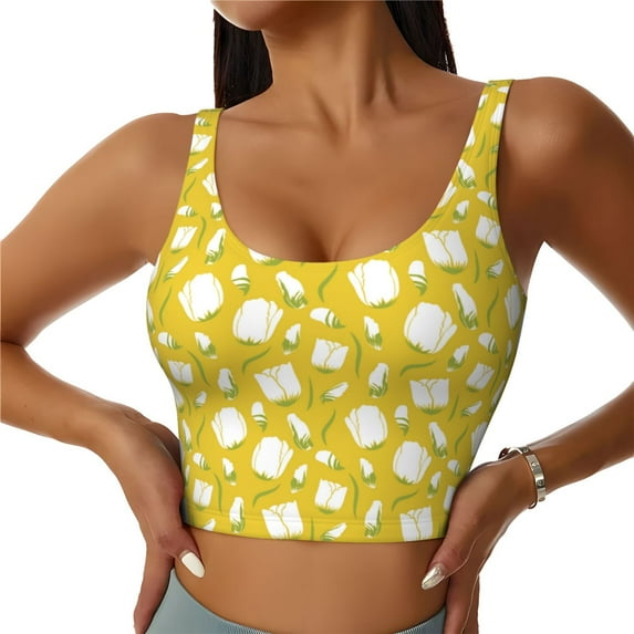 Vsdgher Tulips Flowers Print Women Sleeveless Athletic Tank Top Built-in Bra Camisole Sports Vest for Yoga Running Fitness Exercise with Removable Pads