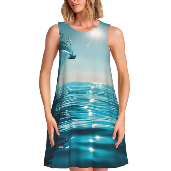 Vsdgher Turquoise Ocean Reflection Print Summer Dresses for Women Casual U Neck Beach Dress Sleeveless Tank Loose Sundress with Pocket -X-Large