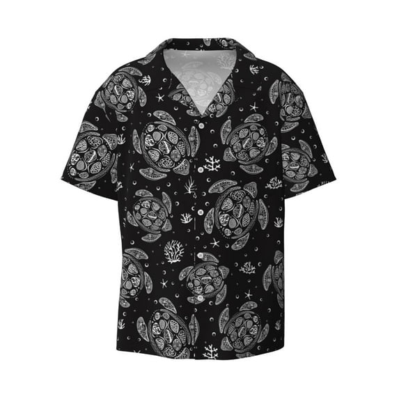 Vsdgher Turtle Print Men's Wrinkle Free Untucked Cuban Shirt Business Casual Button Down Shirts Short Sleeve Shirt