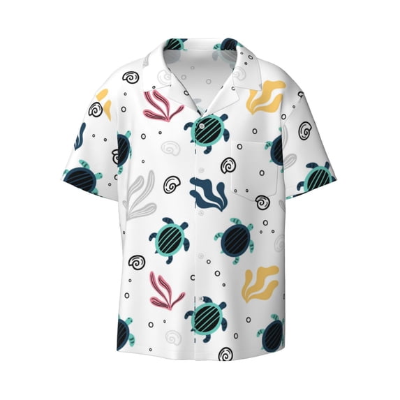 Vsdgher Turtles And Corals Print Men's Wrinkle Free Untucked Cuban Shirt Business Casual Button Down Shirts Short Sleeve Shirt