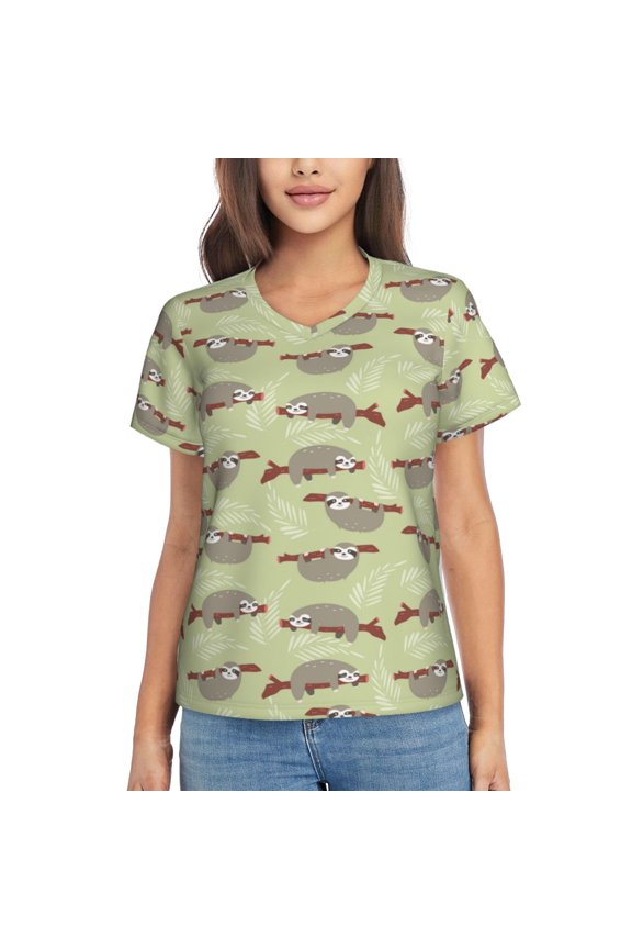 Twig Sloth Women Shirts V Neck Short Sleeve Tops T-Shirt Basic Tees, S to 3XLX-Large