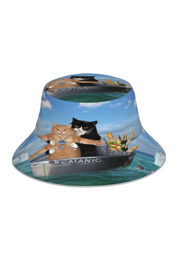 Two Brave Cats Are Floating On The Sea Iceberg Print Bucket Hat for Men&Women Bucket Hat Reversible Summer Double-Side-Wear Travel Gardening, Beach, Camping, Hiking, Fishing Cap