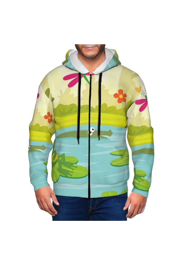 Two Frogs Are Sitting On Water Lilies Mens Hoodies Zip Hoodie, Hoodies for Men, Zip-up Hooded Sweatshirt-Medium
