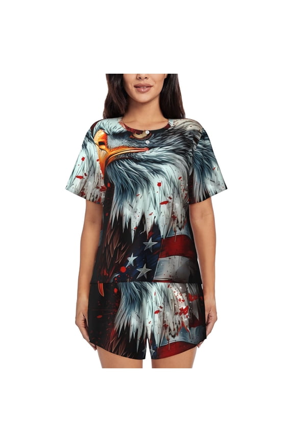 USA Bald Eagle Pattern Womens Pajamas 2 Piece Short Sleeve Sleepwear Set,Summer Soft Pajamas Set Casual Lounge Sets, 2-Piece Pj -3X-Large