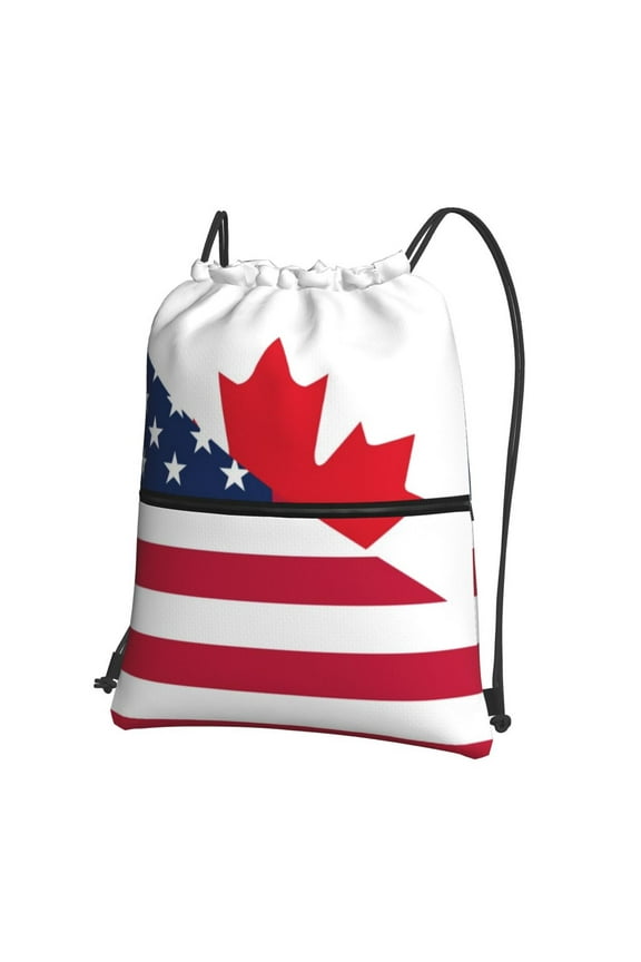 USA Canada Flag Drawstring Backpack Water Resistant String Bag Sports Sackpack Gym Sack for Men Women