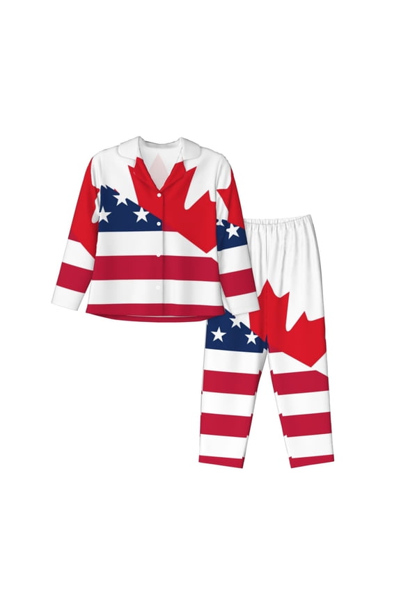 USA Canada Flag Pajamas Set Long Sleeve Sleepwear Womens Button Down Nightwear Pj Sets-Medium