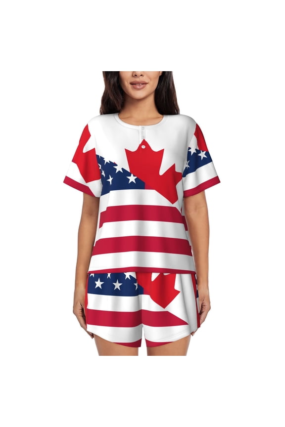 USA Canada Flag Pattern Womens Pajamas 2 Piece Short Sleeve Sleepwear Set,Summer Soft Pajamas Set Casual Lounge Sets, 2-Piece Pj -3X-Large