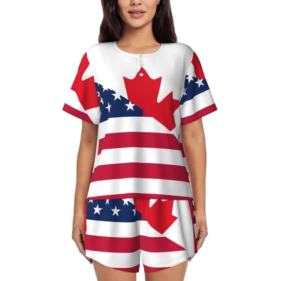 Vsdgher USA Canada Flag Pattern Womens Pajamas 2 Piece Short Sleeve Sleepwear Set,Summer Soft Pajamas Set Casual Lounge Sets, 2-Piece Pj -Medium