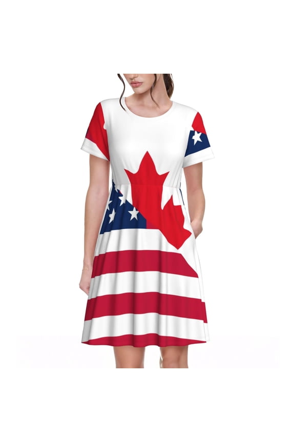 USA Canada Flag for Womens Summer 2025 Casual Midi Maxi Dresses Lightweight Short Sleeve Round Neck Beach Dress -3X-Large