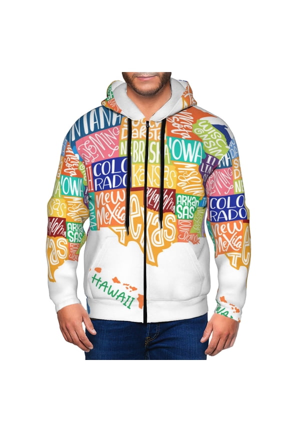 USA MAP Mens Hoodies Zip Hoodie, Hoodies for Men, Zip-up Hooded Sweatshirt-Small