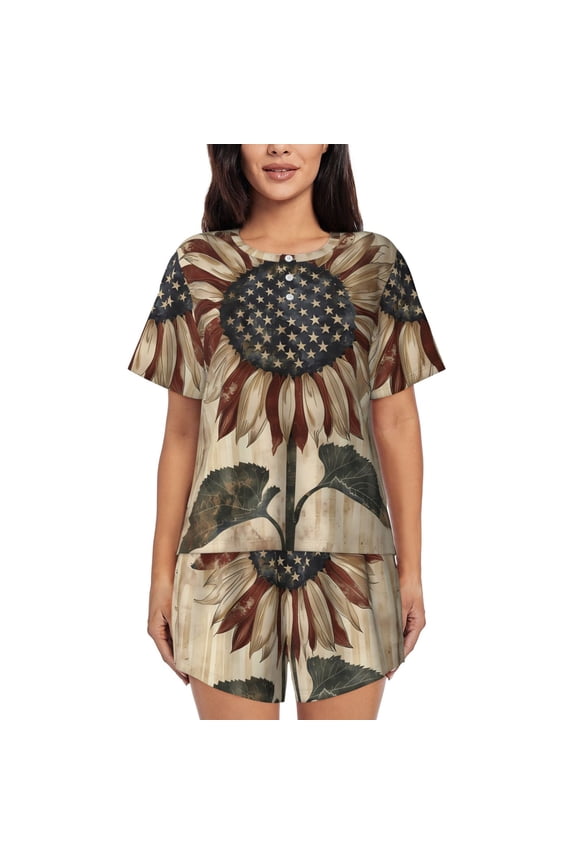USA Sunflower Flag Pattern Womens Pajamas 2 Piece Short Sleeve Sleepwear Set,Summer Soft Pajamas Set Casual Lounge Sets, 2-Piece Pj -X-Large