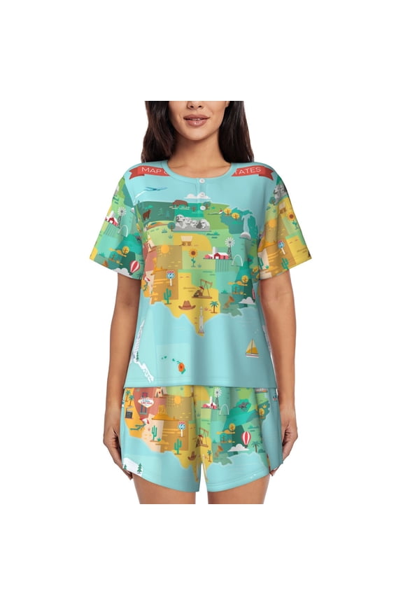 USA Tourist Map Pattern Womens Pajamas 2 Piece Short Sleeve Sleepwear Set,Summer Soft Pajamas Set Casual Lounge Sets, 2-Piece Pj -XX-Large