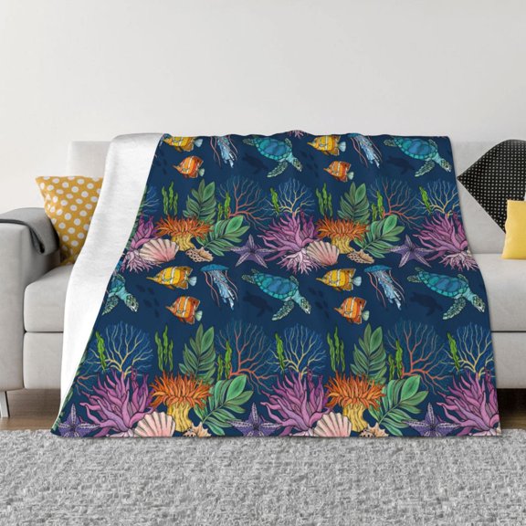 Vsdgher Undersea Animals Pattern Fleece Throw Blanket, Horizontal Fleece Bedding Home Decor for Couch & Bed All Season Use -50"x40"