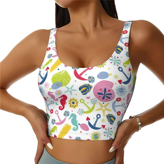 Vsdgher Undersea Seahorse Print Women Sleeveless Athletic Tank Top Built-in Bra Camisole Sports Vest for Yoga Running Fitness Exercise with Removable Pads