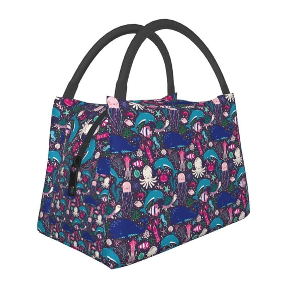 Vsdgher Underwater Animals Print Insulated Reusable Bags with Sturdy Zipper and Handles, Foldable Totes for Hot or Cold Food Bring or Delivery
