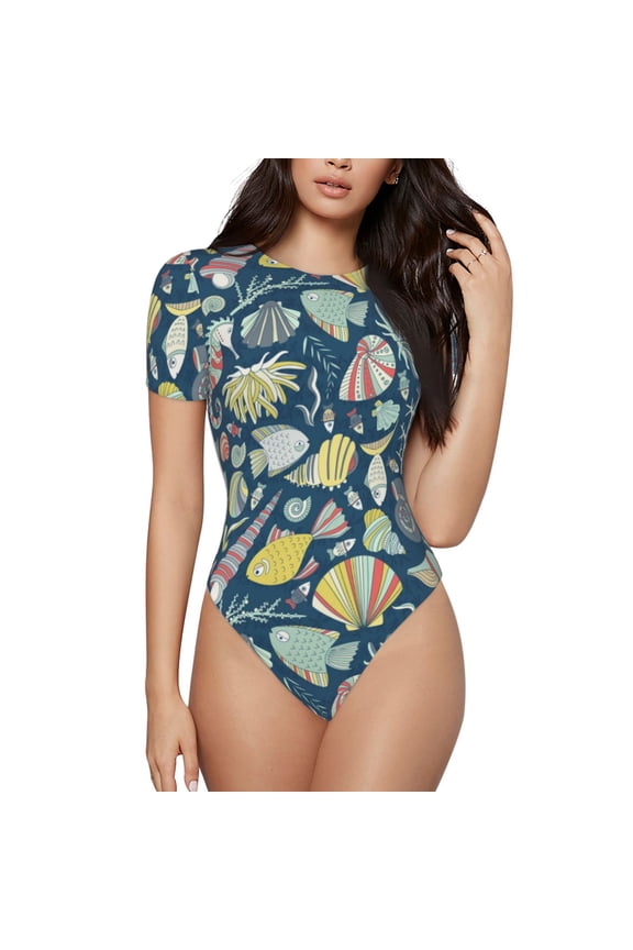 Underwater Creature Prinr Short Sleeve Body suit for Womens, Sexy Onesie One Piece Round Neck Bodysuit Shapewear Tummy Control-XX-Large