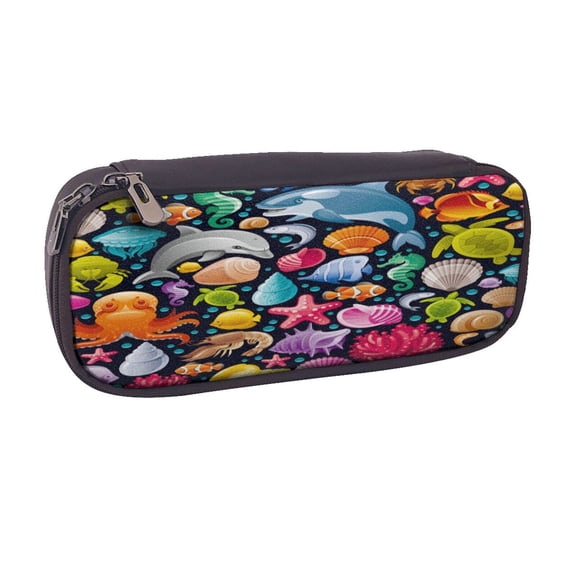 Vsdgher Underwater Diving Animals Print Pen Case Leather Pencil Pouch Markers Holder Big Capacity Bag with Zippered Pocket for Stationery Tool