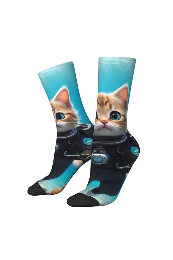 Underwater Diving Cat Crew Socks for Men & Women, Breathable Casual Athletic Ankle Socks