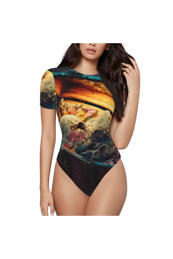 Underwater Treasure Chest Prinr Short Sleeve Body suit for Womens, Sexy Onesie One Piece Round Neck Bodysuit Shapewear Tummy Control-X-Large